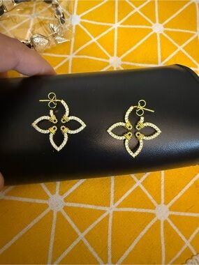 Gold Floral Crystal Drop Earrings - 4-Petal Design